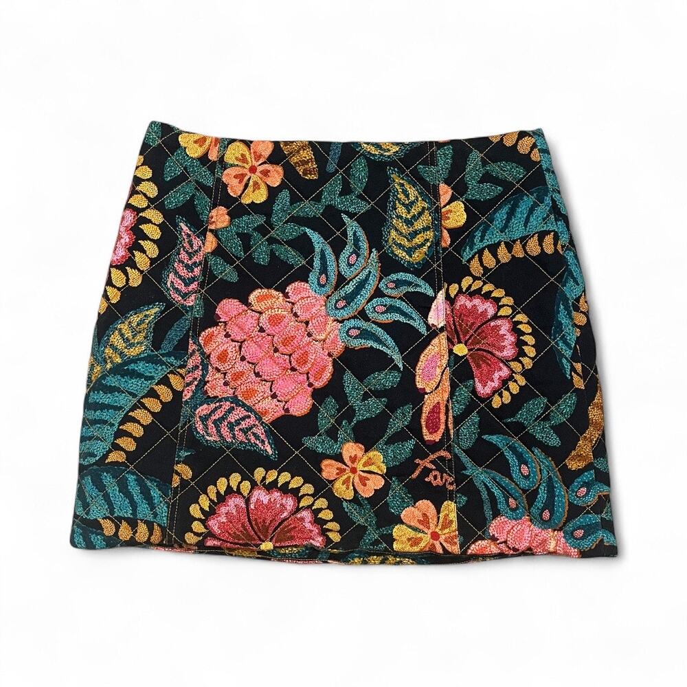 Farm Rio Black Flowerdoscopic Canvas Mini Skirt Quilted Size Large